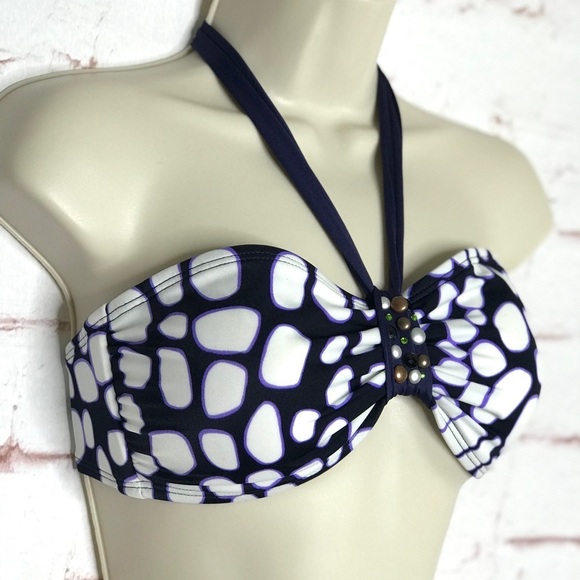 ST. JOHN Pebble Size 6 Bandeau & Halter Tie Embellished Swim Top Navy & White - Picture 15 of 15